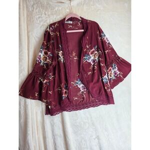 ECOWISH Burgundy Floral Bell Sleeve Lace Trim Kimono Cardigan XL
